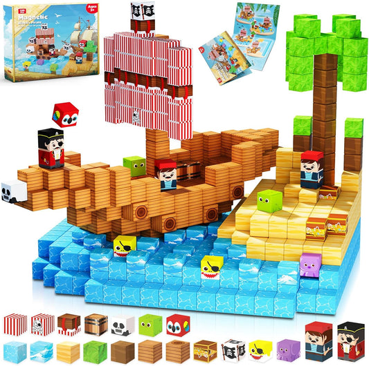 Magnetic Blocks - 100PCS Build Pirate-Ship World Set - Magnetic Building Cube Stacking, STEM Montessori Sensory Toys for Kids Boys Girls Ages 3 4 5 6 7 8 9 10 Easter Birthday Gifts