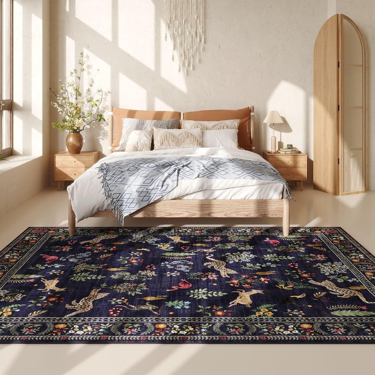 Rugcomf Living Room Rug 6x9 Rug Machine Washable Boho Area Rug Non Slip Floral Animal Vintage Low Pile Large Rug for Living Room, Bedroom, Farmhouse, Dining Room, Kids Playroom (Blue)