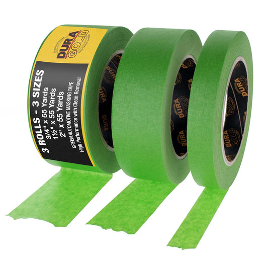 Dura-Gold Green Automotive Masking Tape 3/4, 1-1/2, 2 Inch (0.7", 1.41", 1.88" x 55 Yards), 1 Roll Each - High-Performance, Heat Resistant - Auto Refinish Painting Car Detailing Autobody Painters Tape