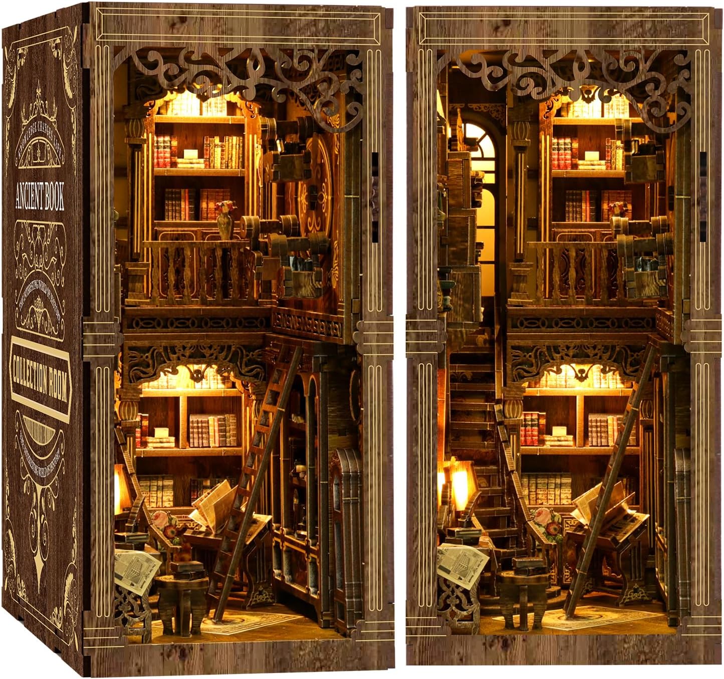 Book Nook Kit for Adult Miniature Model Build Dollhouse Kit 3D Wooden Puzzle with Sensor Led Light for Bookshelf Bookend Insert Decor Adults Teen Crafts(Classical Book Collection Room)