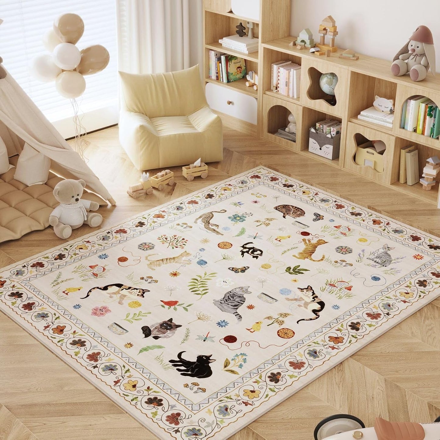 Rugcomf Bedroom Rug 3x5 Rug Washable Area Rug Non Slip Low Pile Boho Floral Animal Cat Small Carpet for Bedroom Bedside Kitchen Entryway Kids Room Office College Dorm Essentials for Girls, Beige