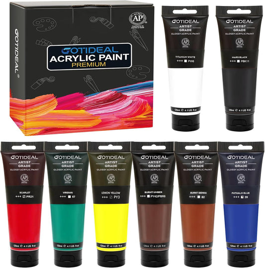 GOTIDEAL Craft Acrylic Paint Set,8 Primary Colors（(120ml,4 oz) Rich Pigments Non-Toxic Washable, Professional Paint for Pouring on Canvas, Rocks, Ceramic, Fabric, Leather, Ideal for Artist, Adults