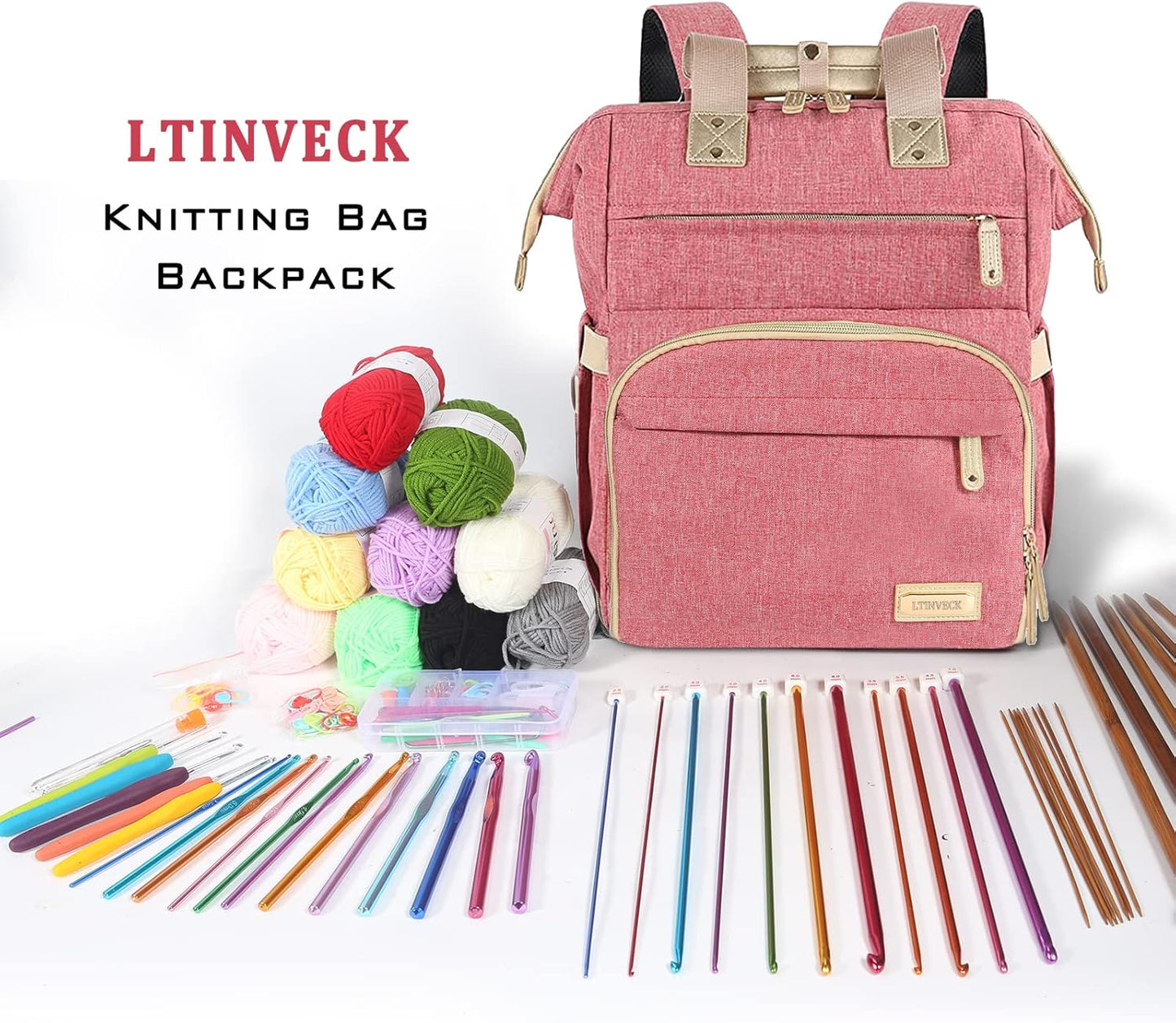 Knitting Bag Backpack,Yarn Storage Organizer Travel Crochet Bag with USB Charging Port,Large Capacity Yarn Storage Tote Bag Yarn Holder Case for Carrying Projects, Knitting Needles, Crochet Hooks Pink