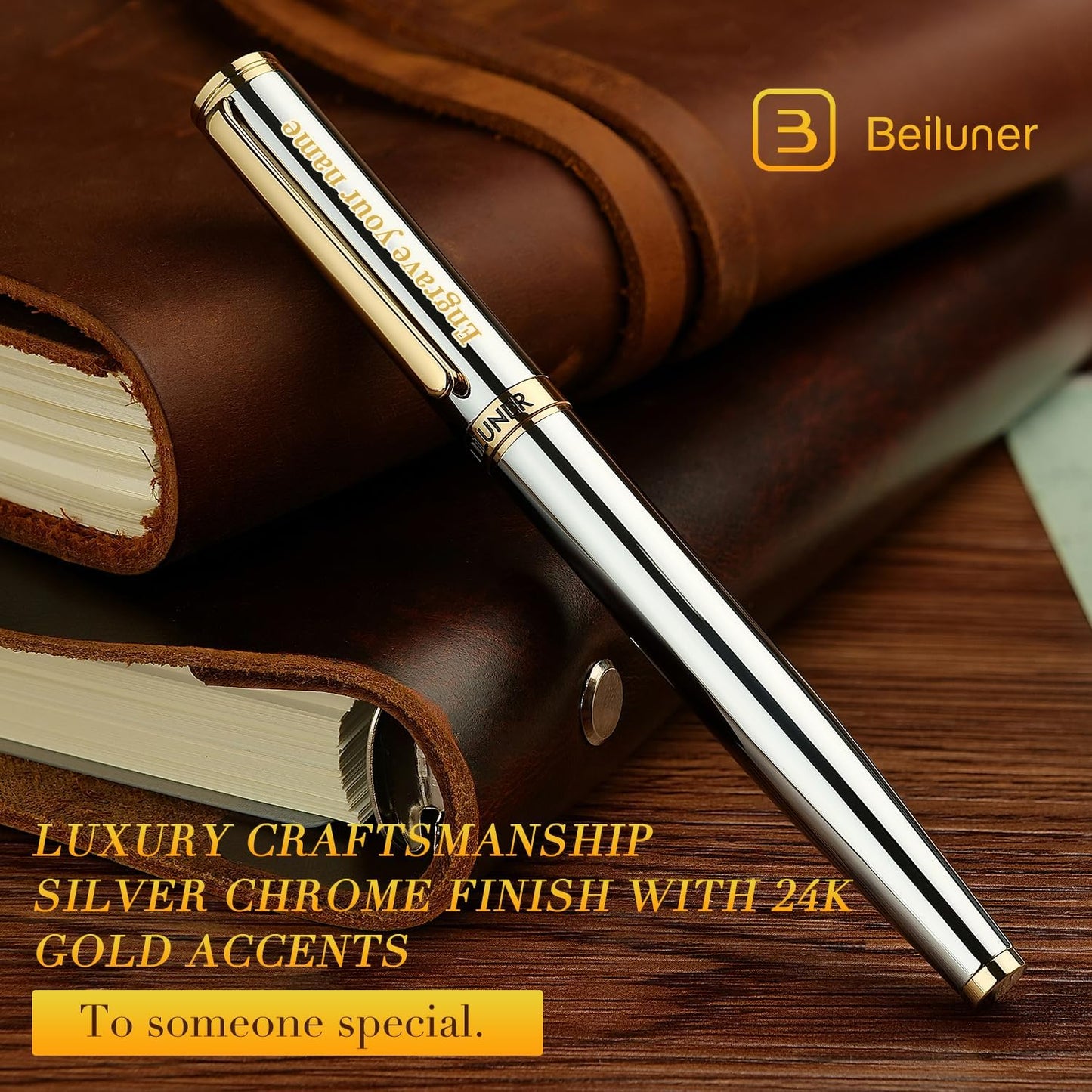 BEILUNER Silver Chrome Personalized Pen, Stunning Luxury with 24K Gold Finish,Noble and Elegant Designs,Schneider Ink Refill, Best Gift Pen for Men & Women, Graduation, Executive Office, Fancy Pens