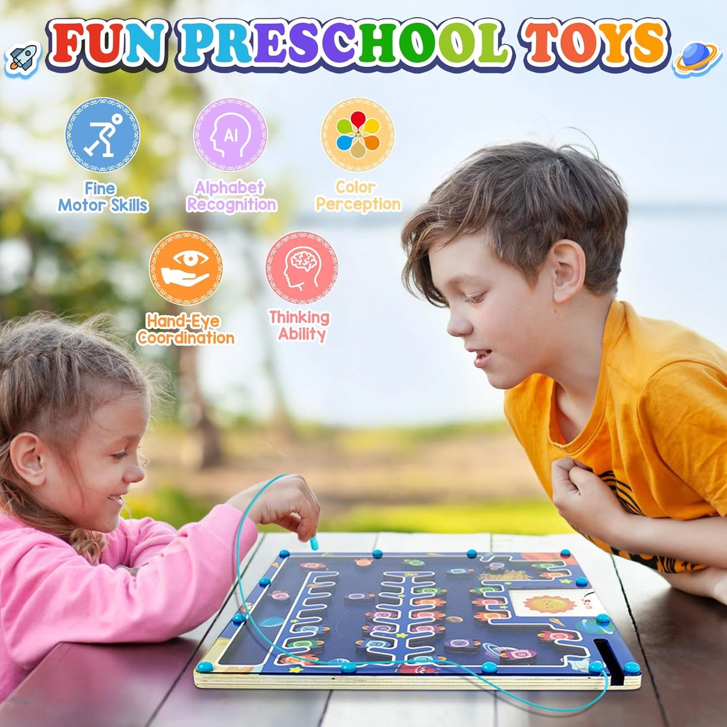 Magnetic Alphabet Maze Board - Letter Puzzle Rockets, Fine Motor Skills Toys for Toddlers 3+ Years, Montessori Sensory Toys for Girls & Boys