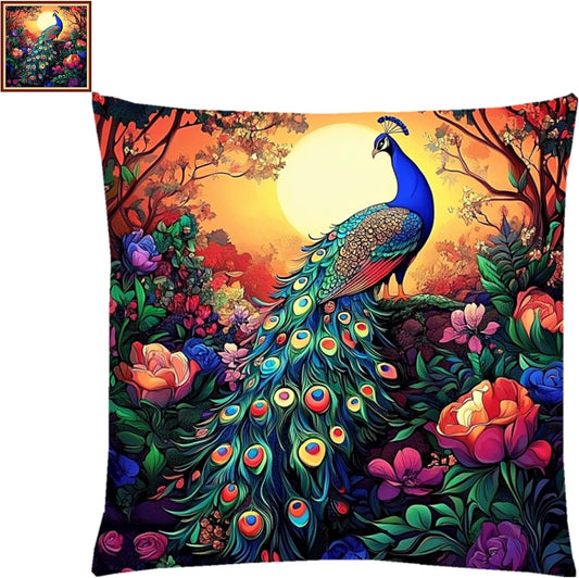 Fanxvivy Stamped Cross Stitch Kits for Adults Beginners Pillow Needlepoint Kit with Embroidery Pattern Needlework Kit Prestamped Stitches Kit 11CT Cross Stitching-Sunrise Peacock 18x18 inch