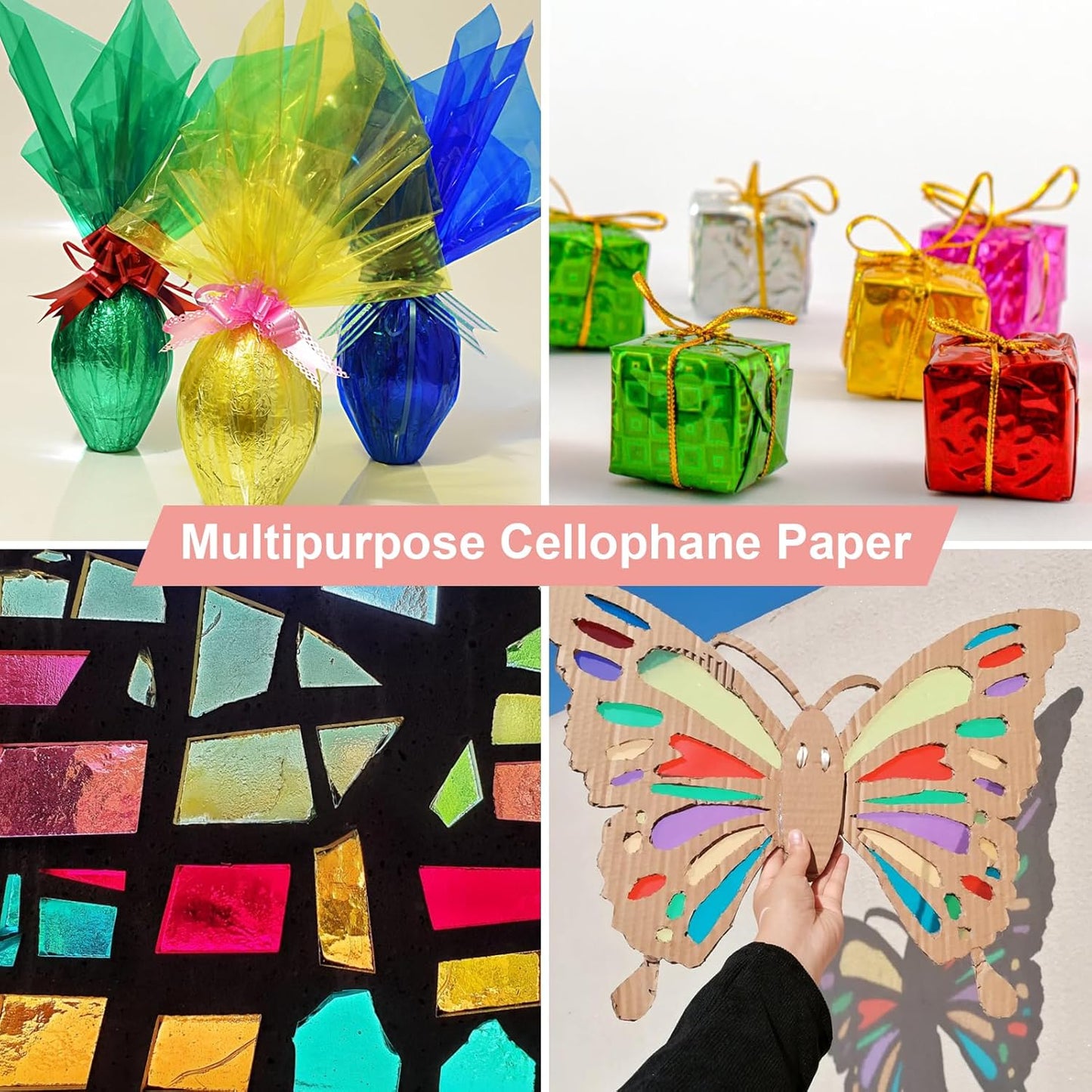 PEASUG 120 PCS Cellophane Sheets, Cello Sheets, Cellophane Paper Sheets, Colored Cellophane Wrap, Transparent Plastic Sheets for DIY Crafts Project, Art, Lights, Window Decoration（12x12 Inches