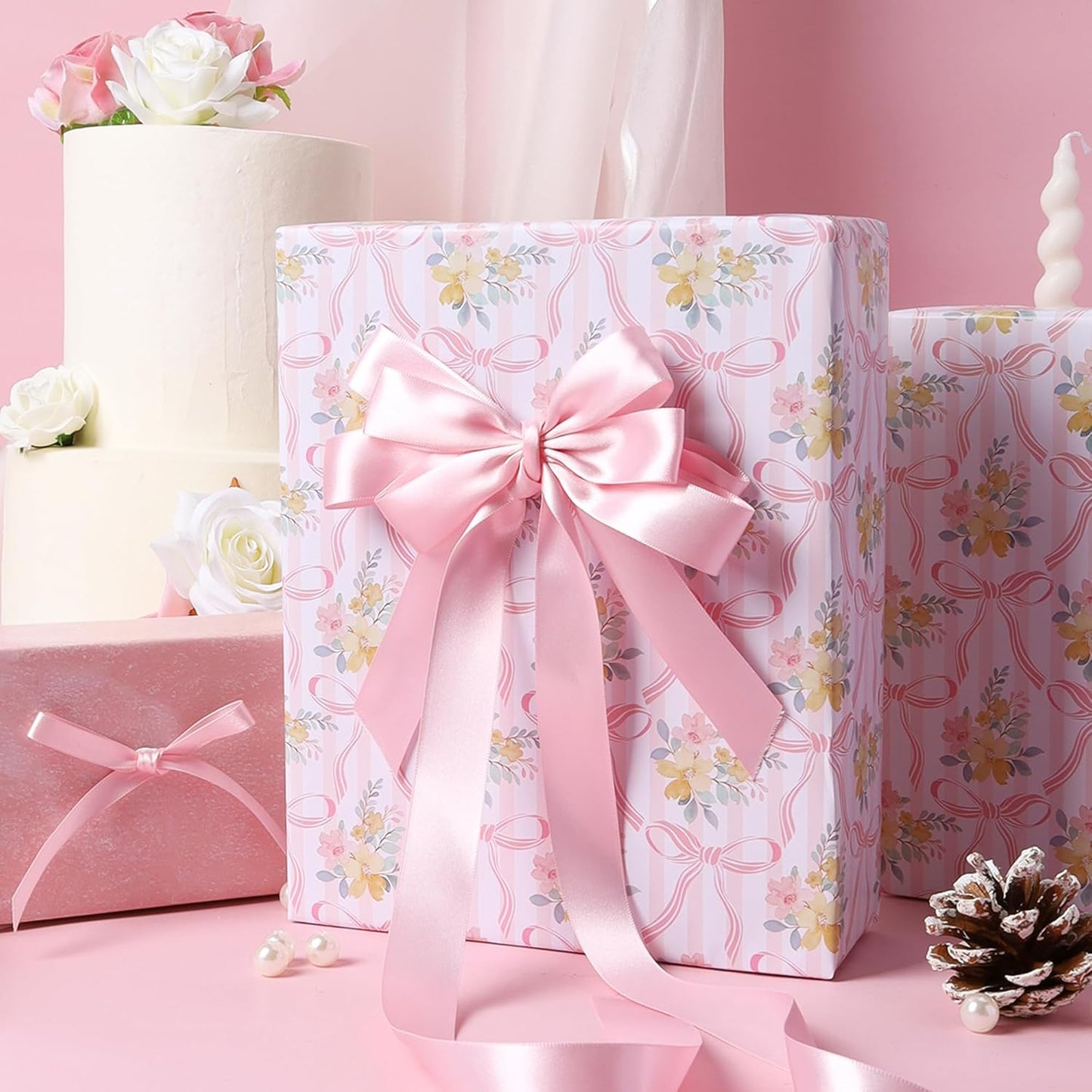 LaRibbons Light Pink Satin Ribbon 1 Inch 50 Yards Luxury Double Faced Pink Silk Ribbon for Gift Wrapping Flower Bouquet Crafts Wedding BabyShower Decoration