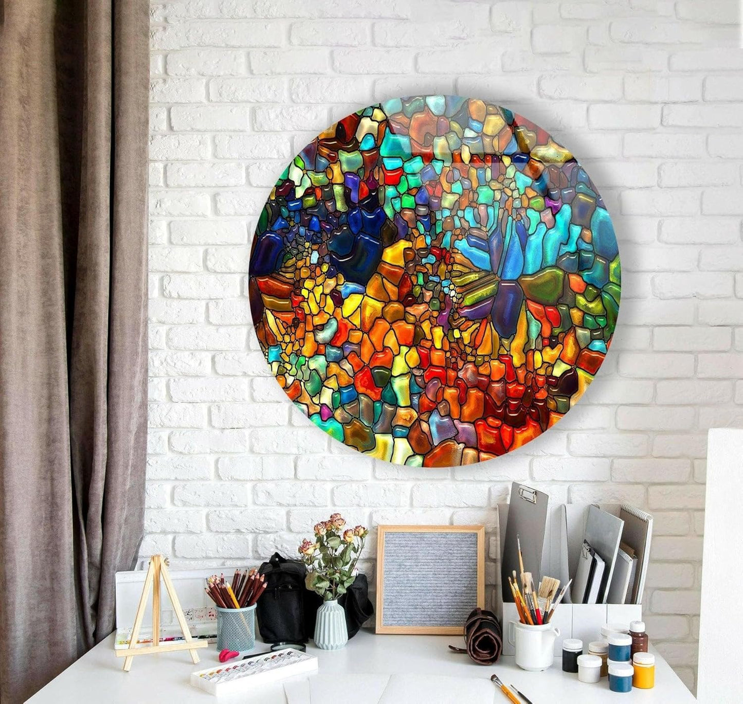 My Photostation.com 15.8''(40cm) Diameter Red Mosaic Round Glass Wall Art Tempered Glass Printing Wall Decor Large Wall Art Wall Hangings