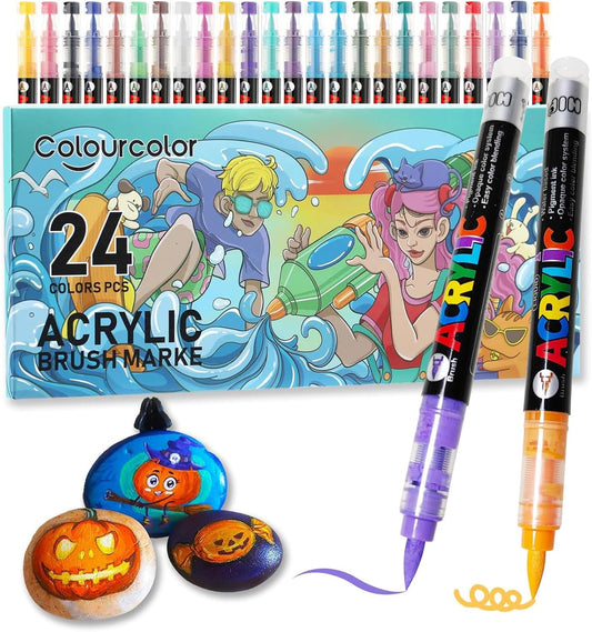 24 Colors Acrylic Paint Pens, Non-Bleeding Brush Tip Markers Pens for Glass, Canvas, Stone, Rock Painting, Wood, Ceramic Surfaces, DIY Crafts Making Art Supplies