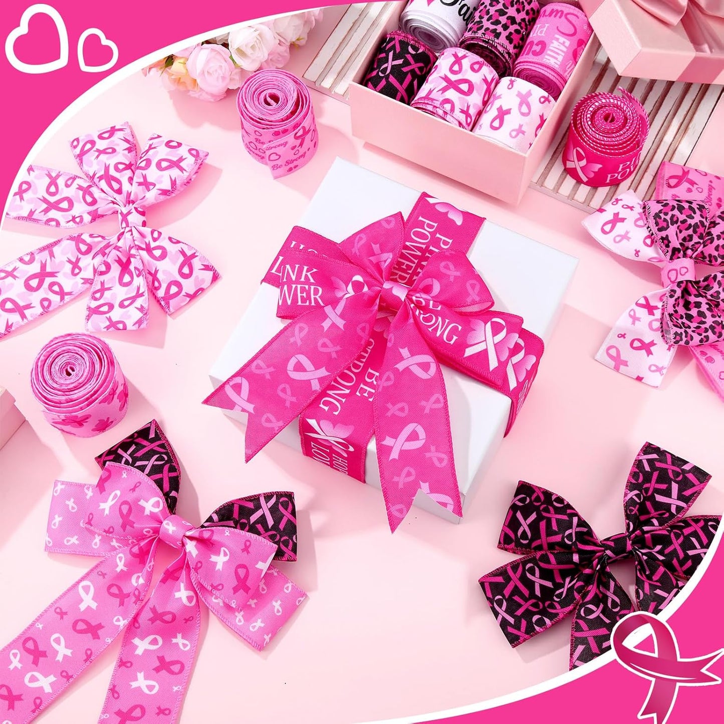 12 Rolls 60 Yards Breast Cancer Awareness Wired Edge Ribbon Pink Butterfly Patterned Ribbon Faith Hope Love Bow Making Craft Wrapping for Women Gift Wrapping Activities Home Accessories Decor