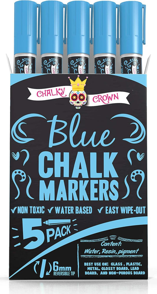 CHALKY CROWN Liquid Chalk Marker Pen - Dry Erase Marker - Chalk Markers for Chalkboard Signs, Windows, Blackboard, Glass - 6mm Reversible Tip (Blue, 5 Pack)