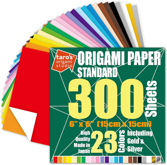 [Taro's Origami Studio] Standard 6 Inch One Sided 23 Colors 300 Sheets Square Easy Fold Premium Japanese Paper for Beginner (Gold and Silver Included)