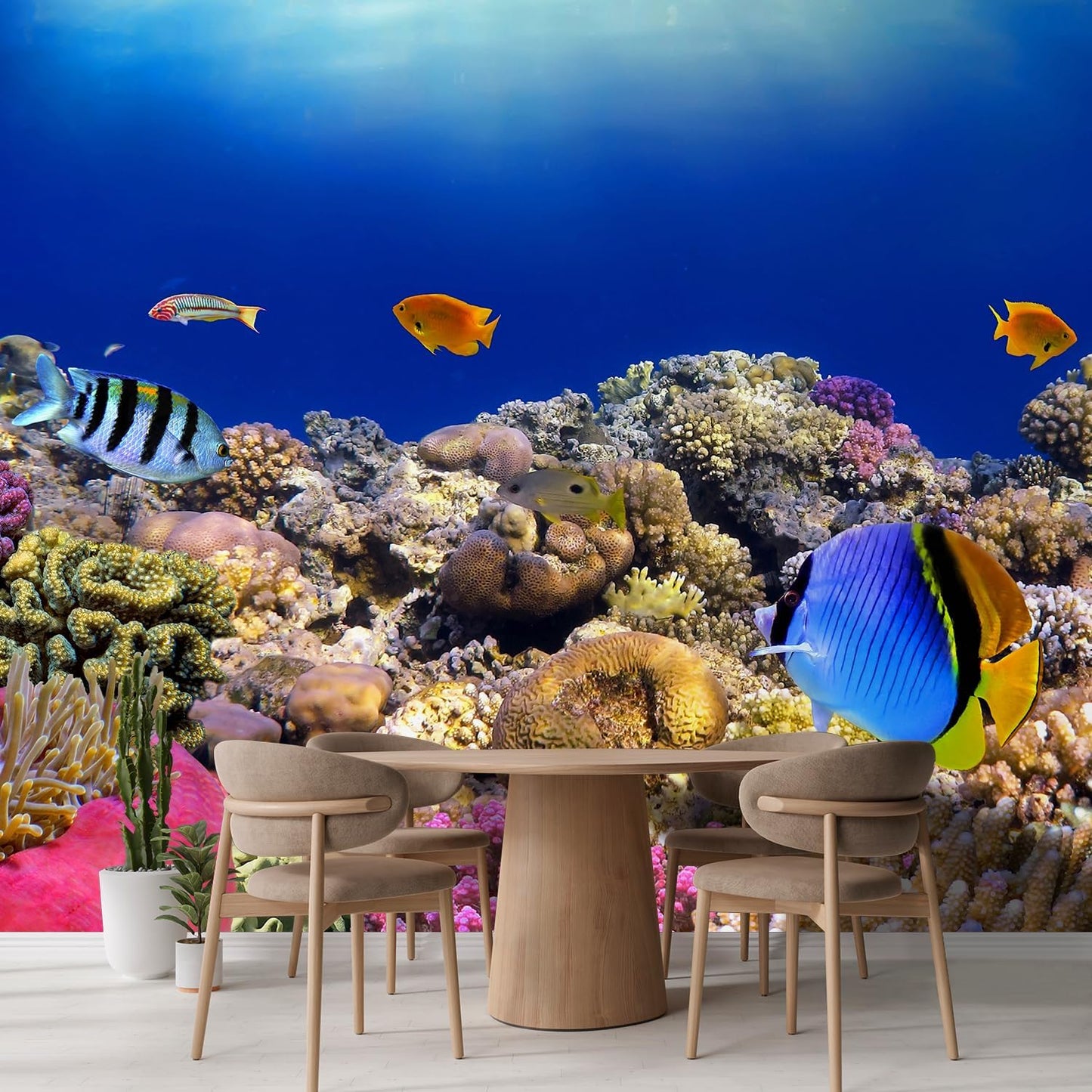 wall26 Wall Sticker/Wall Mural Tropical Blue Fish Coral Reef Ocean Seascape Nature Wilderness, Not Peel and Stick, Non-Woven Wallpaper Decorative for Bedroom, Living Room, Office - 108x168 inches