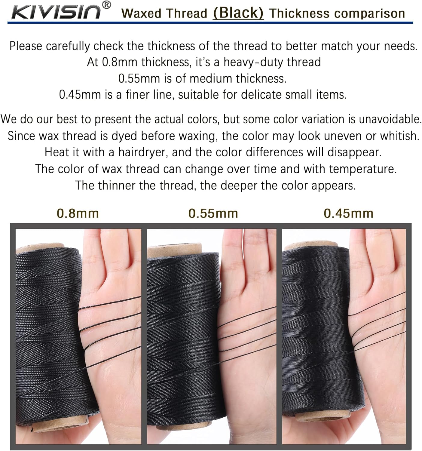 Bonded 0.8mm Round Waxed Polyester Cord, 3-ply Wax Coated Thread, 197 Yards Stiff String for Heavy Duty Fabric, Leather Sewing, Book Binding, Upholstery Repair, and Macrame Jewelry - Black