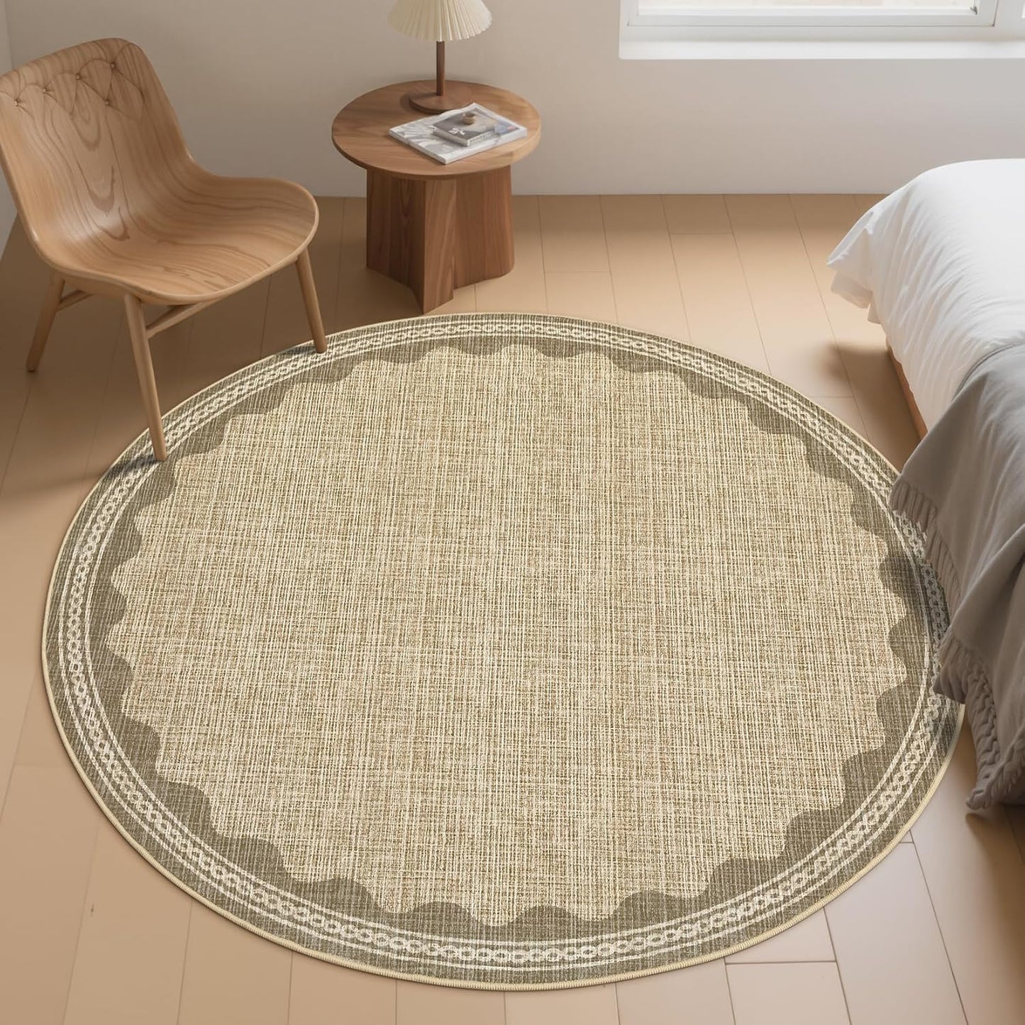 Scalloped Round Rug 4ft, Small Area Rugs Solid JuteRug for Bedroom Girls, Washable Rugs for Living Room, Non Slip Scalloped Round Bath Mat, Soft Dorm Nursery Carpet for Bedside