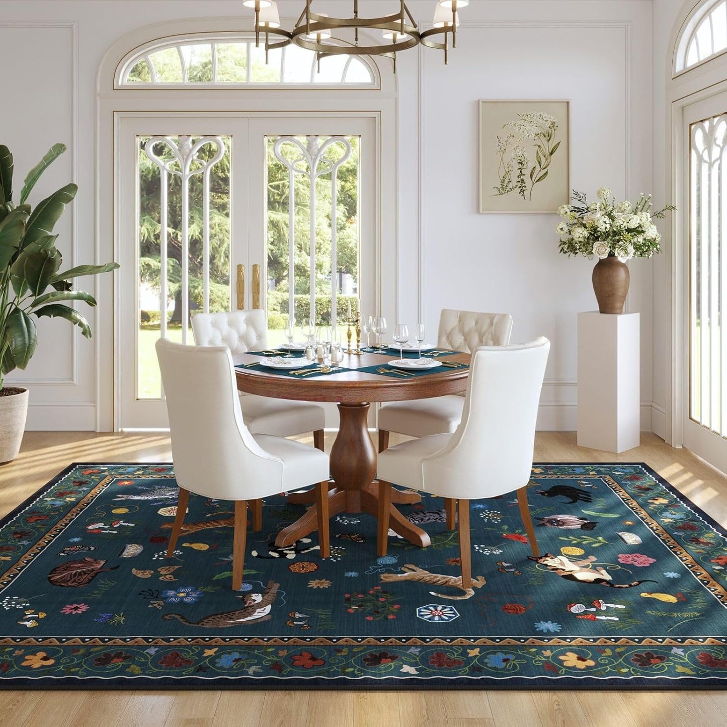 Rugcomf Living Room Rug 5x7 Rug Machine Washable Boho Area Rug Non Slip Floral Animal Cat Vintage Low Pile Large Rugs for Living Room Bedroom Farmhouse Dining Room Kids Playroom, Pearl Gentian Blue