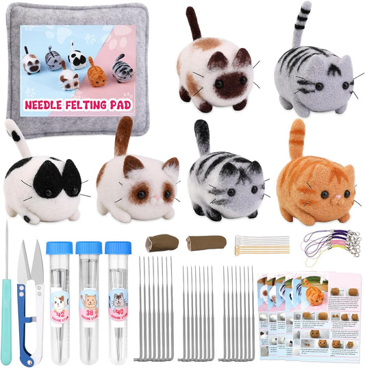 UOOU Needle Felting Beginners Kit with Box,Needles Felting Supplies with 24Pcs Felting Needles,Felting Pad,Wool Roving,DIY Needle Felting Cat Dolls