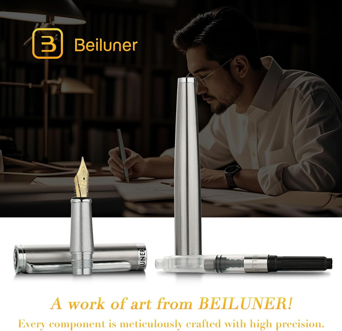 BEILUNER Luxury Fountain Pen Set, Solid 24K Gilded Fine Nib, Silver Stainless Steel Body- Includes 6 Ink Cartridges & Ink Refill Converter with Gift Case - Perfect for Men and Women