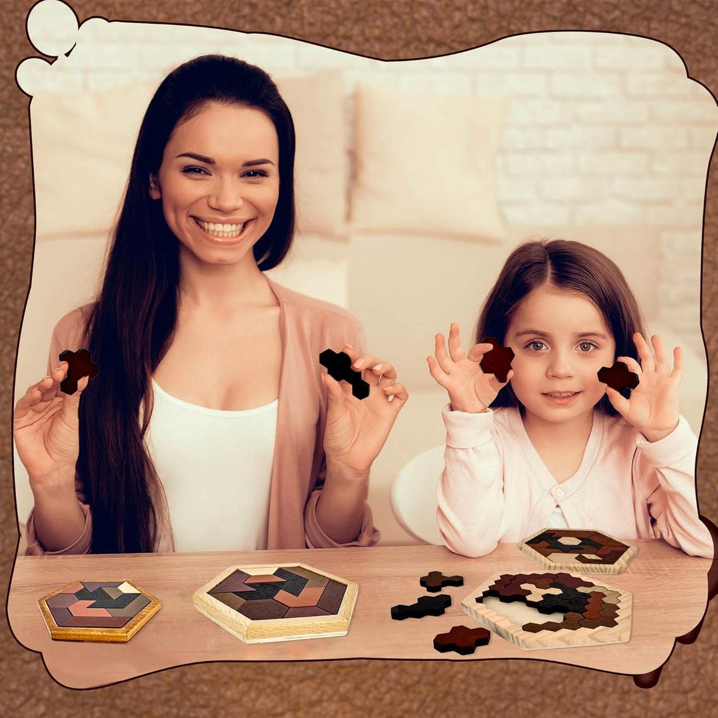 6 Pack Wooden Hexagon Tangram Puzzle Wood Tangram Block Puzzle Set with Storage Bag for Challenge Intelligence Teasers Logic Mind Game