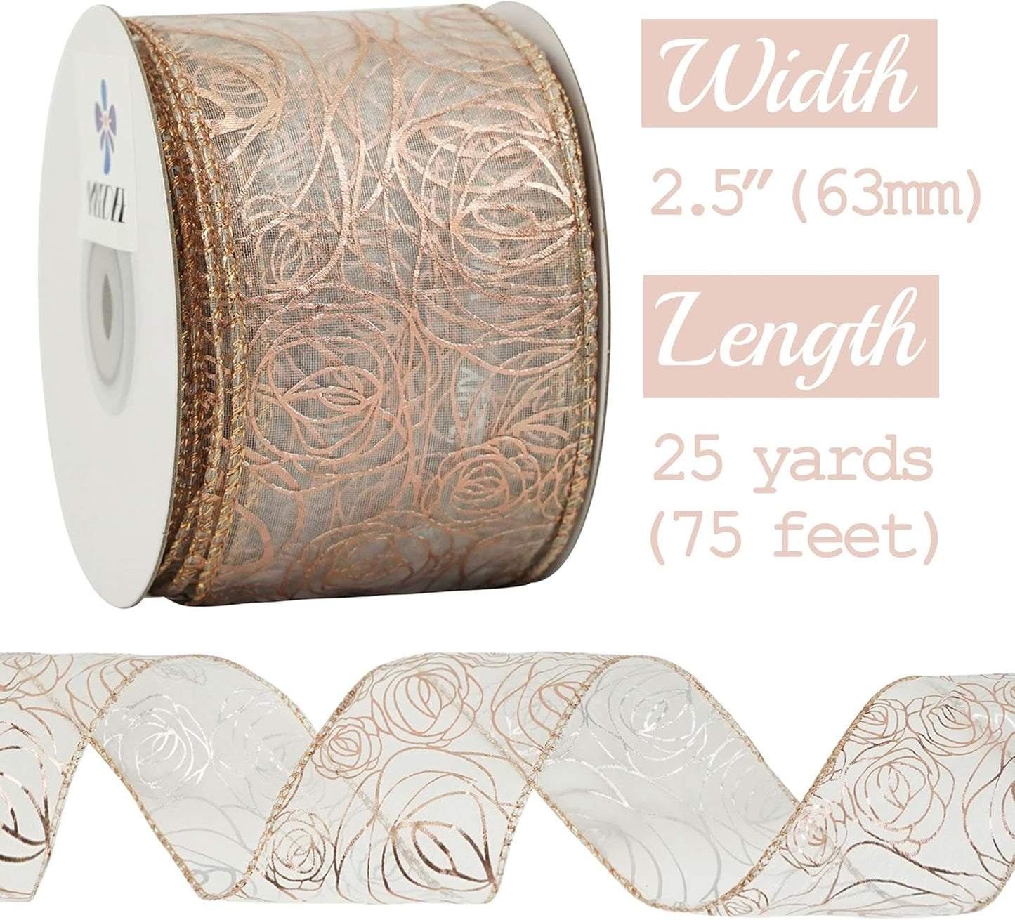 MEEDEE Floral Rose Wired 2.5 Inch Rose Gold Organza Sheer Ribbon, Wedding Bouquet Ribbon, 25 Yards Roll, Pink, For Crafts, Valentine Bow Making, Decor