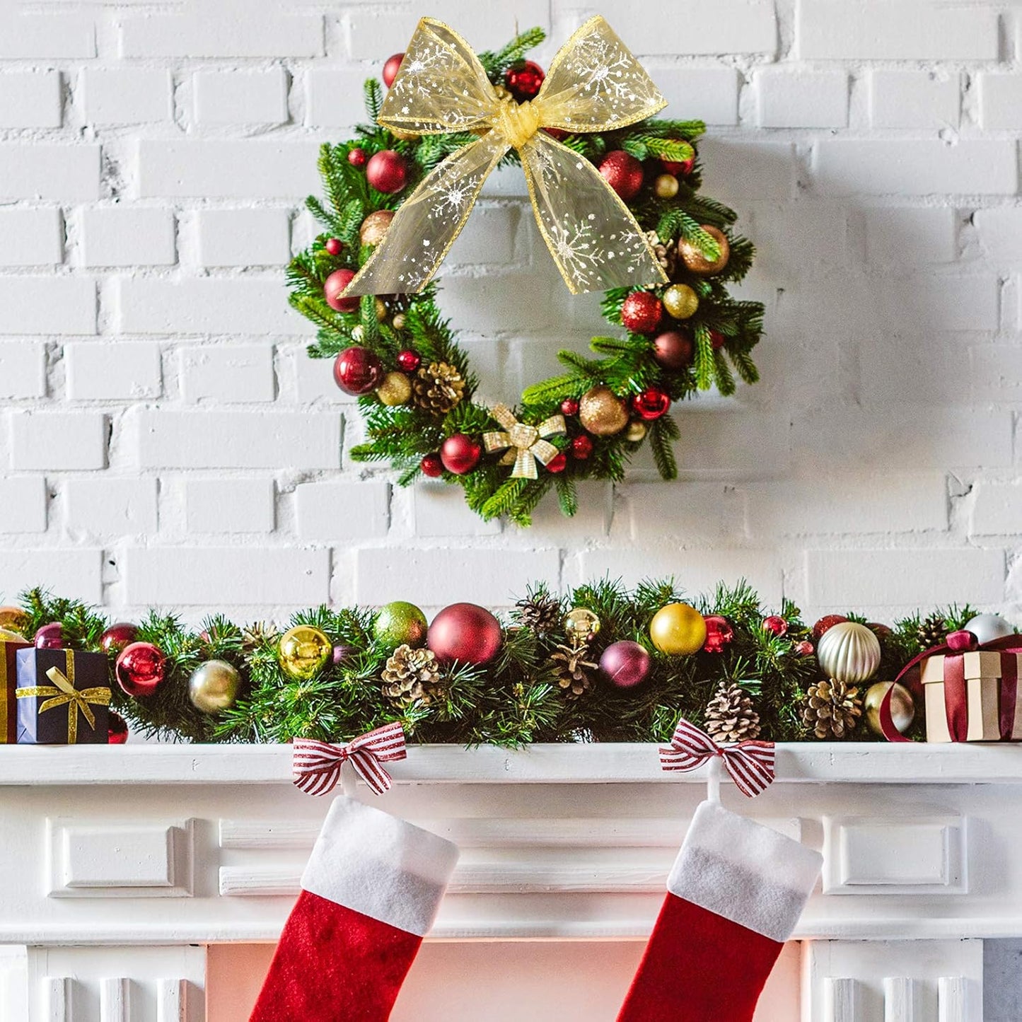 2.5 Inch Wide Christmas Wired Ribbon Snowflake Organza Sheer Glitter Ribbon for Xmas Tree, Wreath, Party Decoration, Gift Wrapping (Golden, 10.9 Yards)