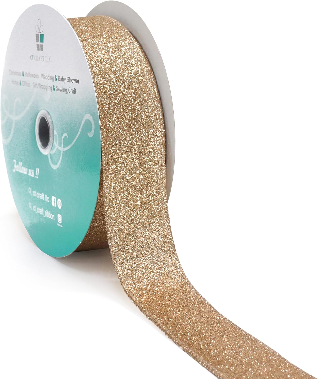 CT CRAFT LLC Glitter Wired Ribbon 1.5" x 20 Yards Gold (Champagne Gold) for Christmas Home Decor Bow Gift Wrapping DIY Crafts Wreath