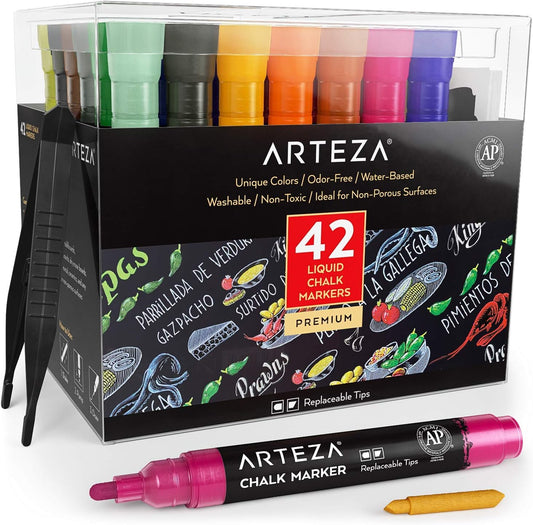 ARTEZA Liquid Chalk Markers, 42 Colors Pack with 50 Chalkboard Labels, Fine Tip Chalk Pens for Blackboard, Whiteboard, Windows, Mirrors, Glass