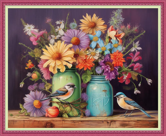 Disnesart Cross Stitch Stamped Full Embroidery Kits DIY 11CT Cotton Thread Printed DIY Needlepoint Kits Craft Needlework Set Cross-Stitch Stamped Sets-Flower Bird 16x20 inch