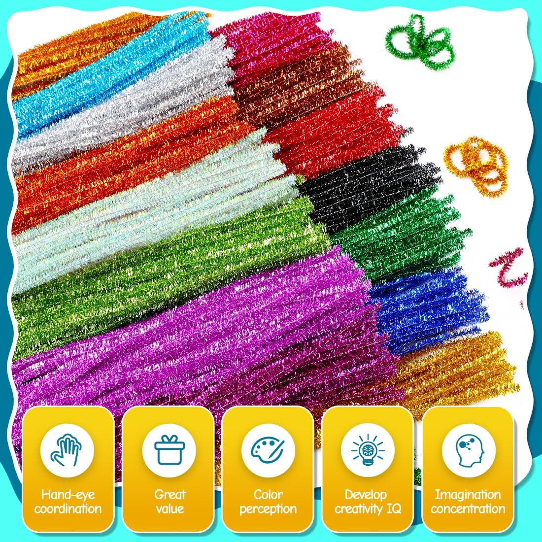 200pcs Pipe Cleaners, Pipe Cleaners for Crafts, Craft Supplies Multicolor Chenille Stems for Art&Craft Christmas DIY Projects(15colors,Glitter)