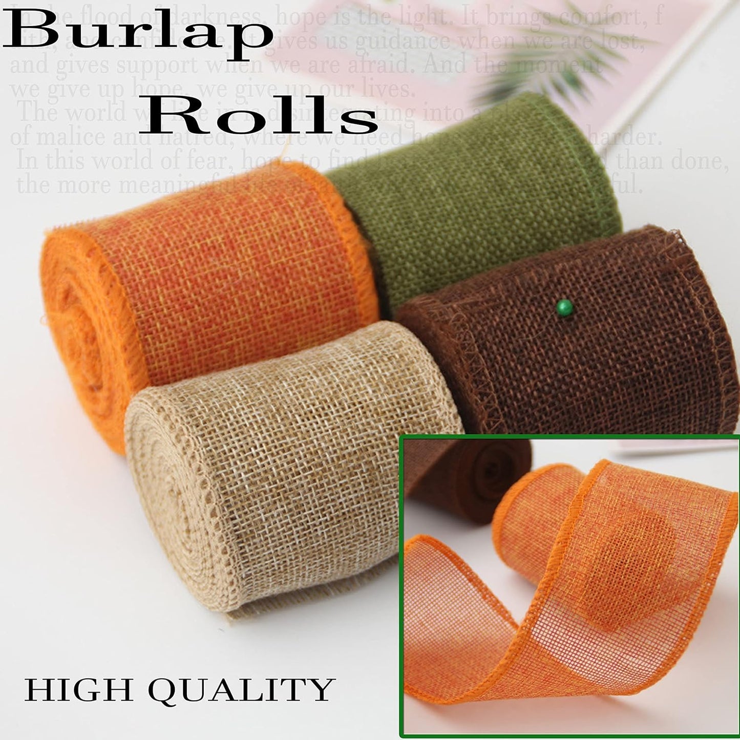 Burlap Ribbon Rolls, Wrapping Burlap Ribbon Natural Orange Brown Olive Green Jute, for Christmas Crafts Decoration Wedding Floral Bows Trims Craft 13.2 Yards 2.4 Inch