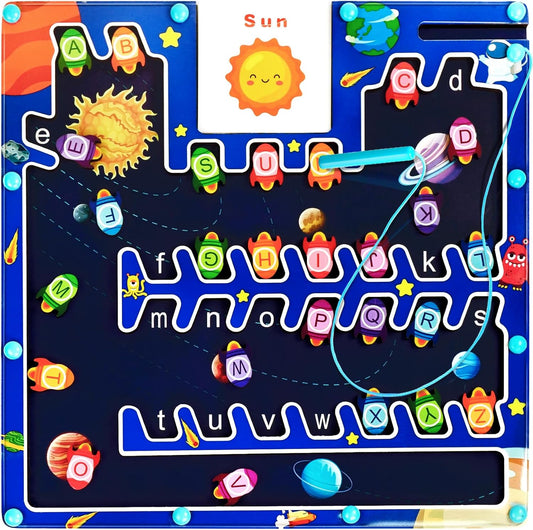 Magnetic Alphabet Maze Board - Letter Puzzle Rockets, Fine Motor Skills Toys for Toddlers 3+ Years, Montessori Sensory Toys for Girls & Boys