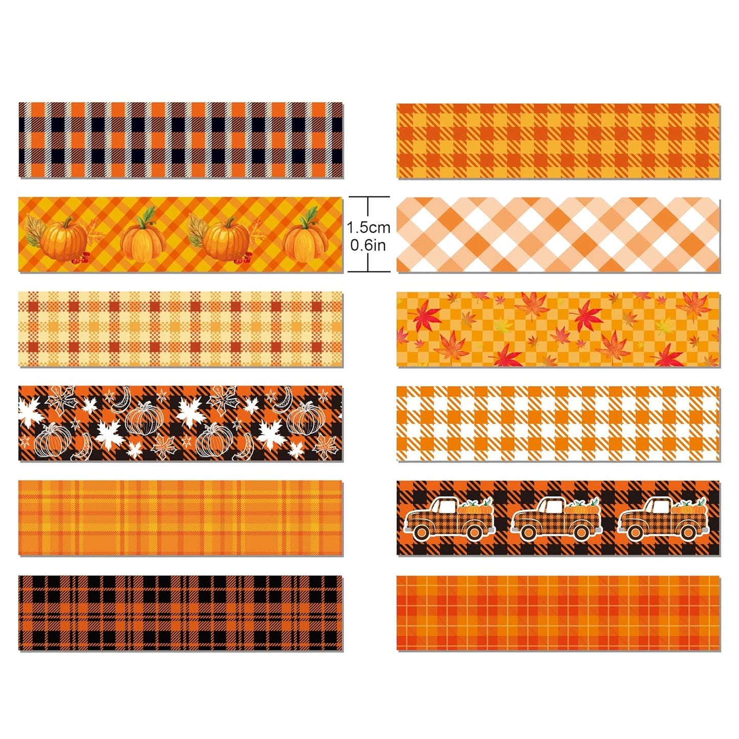 12 Rolls Fall Washi Tape, Thanksgiving Autumn Maple Leaves Pumpkin Plaids Masking Washi Tape 15mm, Thanksgiving Harvest Decorative Tape Sticker for Scrapbook, Journal, DIY Craft, Gift Wrapping