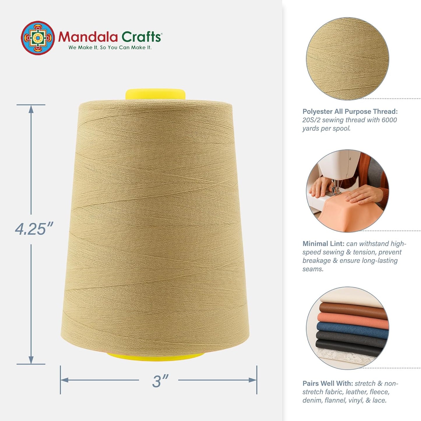 Mandala Crafts 4 Pack of Serger Threads Cones Spools - 20S/2 24000 Yards Polyester Khaki Threads for Sergers Machine and Overlock Quilting Sewing Machine