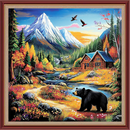 DMCXART Counted Cross Stitch Kits for Adults Needlepoint Kits Unprinted Cross Stitching Embroidery Kit 11CT Cross Stitch Supplies-Homeland Landscape Bear 18x18 inch