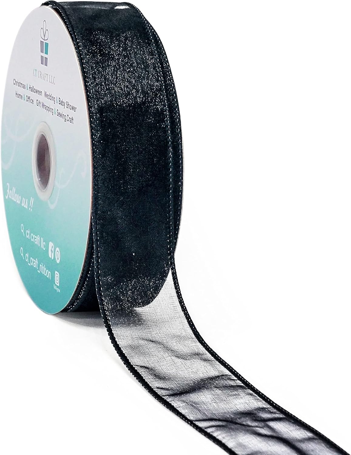 CT CRAFT LLC Sheer Organza Wired Ribbon 1.5" x 50Yards Black for Wedding Chair Bow Flora Bouquet Gift Wrapping Christmas Tree Home Decor Wreath