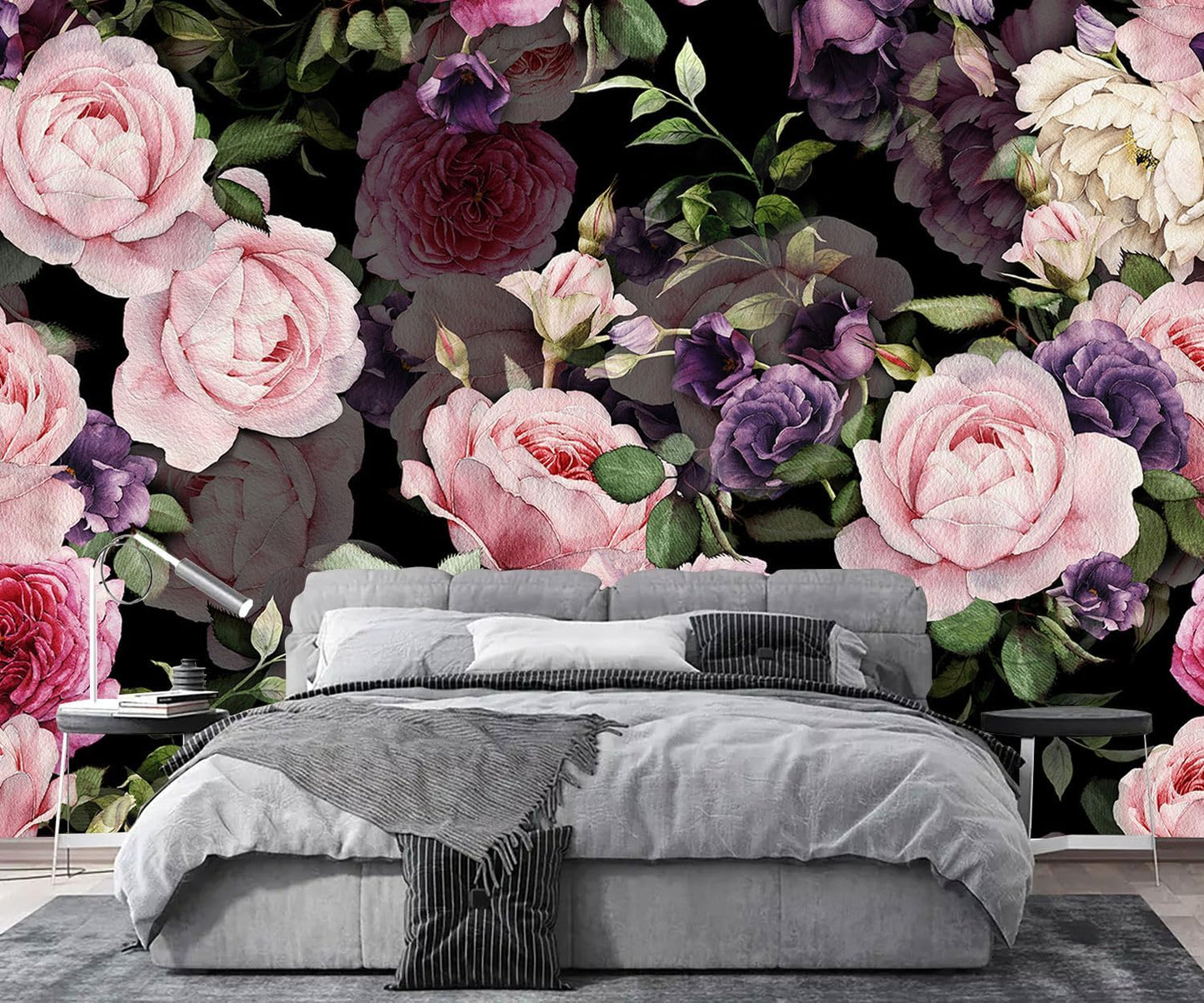 AFZEVEB-Black Watercolor Purple Peony Flower Wallpaper Wall murals for Bedroom 159"x107"(Not Peel and Stick)