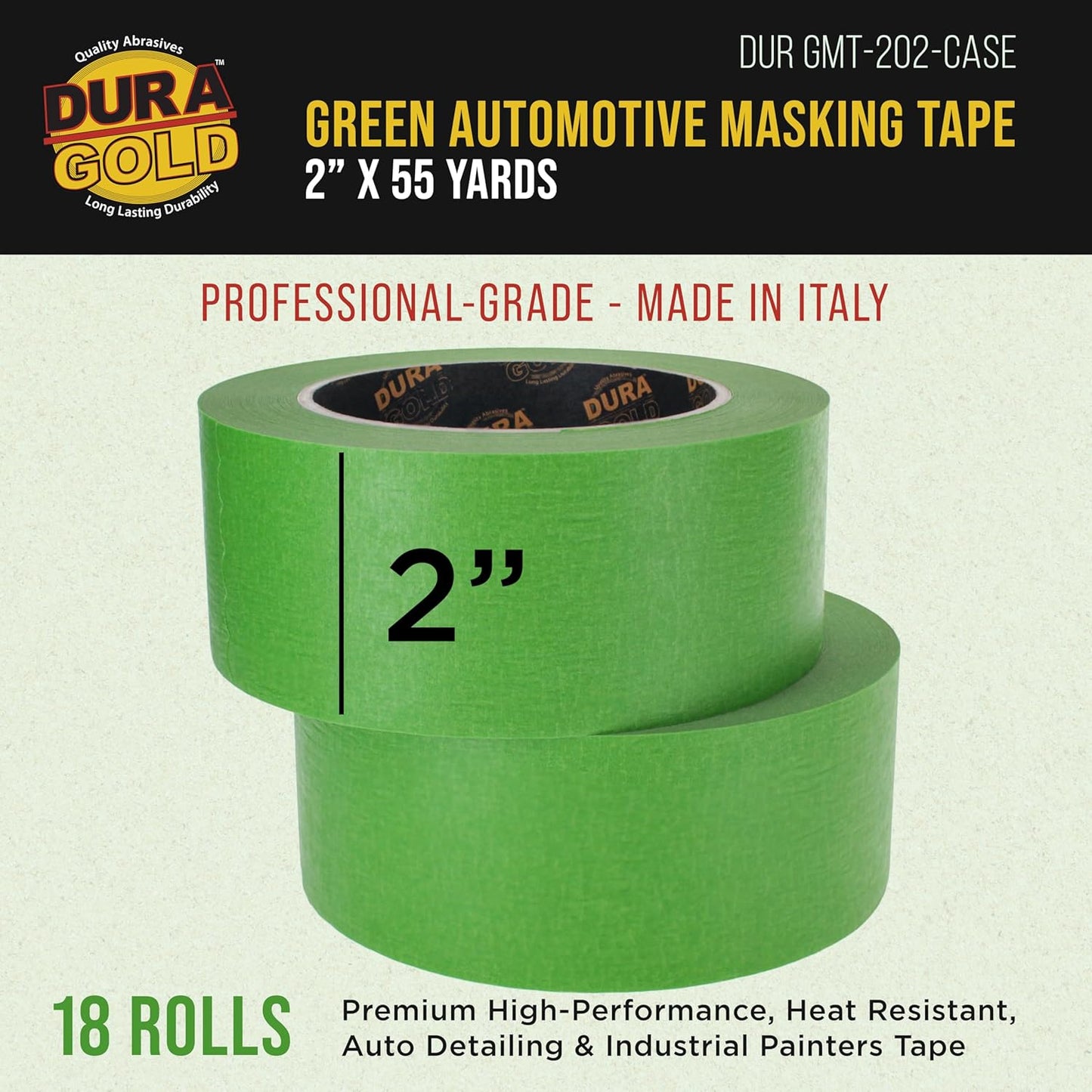 Dura-Gold Green Automotive Masking Tape 2 Inch (1.88 Inch x 55 Yards), Case of 18 Rolls - Premium High-Performance, Heat Resistant - Auto Refinish Painting, Car Detailing, Autobody, Painters Tape