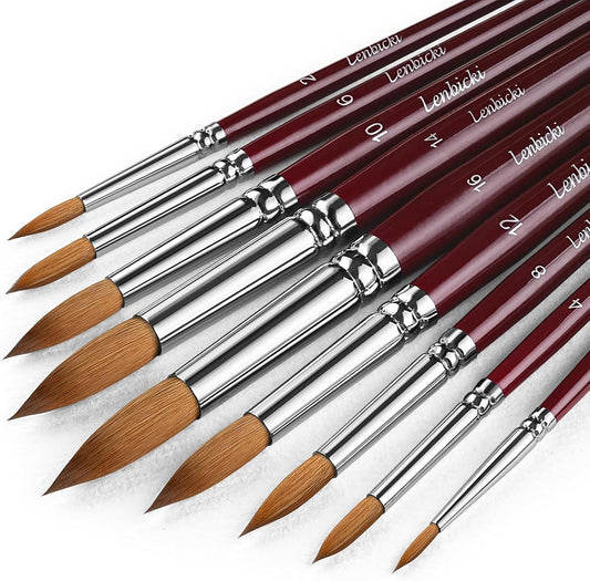 Sable Hair Watercolor Brushes Professional,9pcs Mop Round Fine Tip Detail Watercolor Paint Brush Set,Ideal for Gouache Acrylic Ink Painting