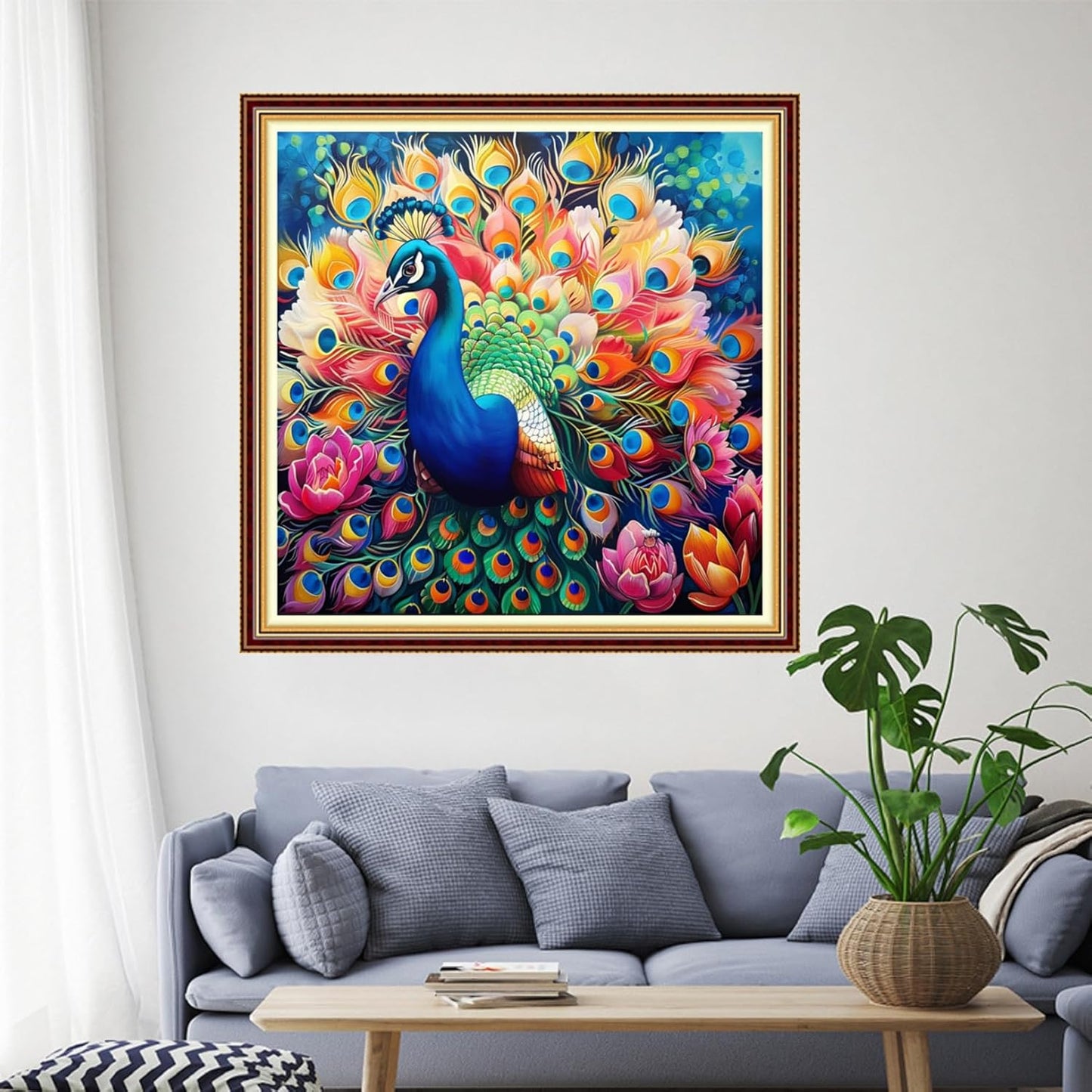 Funchey Stamped Cross Stitch Kits, DIY Cross Stitch Pattern for Adults Beginners Needlepoint Kits Embroidery Kit Arts and Crafts 11CT-Colorful Peacock Flower 18x18 inchs