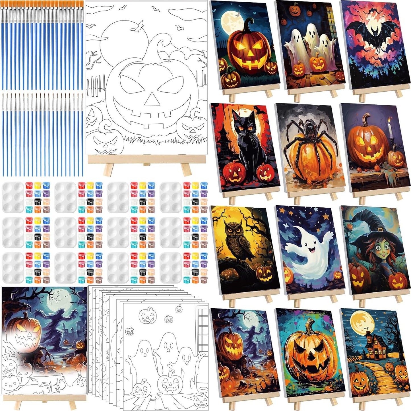 Zhanmai 12 Pack Pre Drawn Canvas for Painting Sip and Paint Kit 8" x 10" Paint Party Set Canvas Painting Pre Printed Canvases for Party Favor DIY Virtual Adult's Date Night(Halloween Pumpkin)