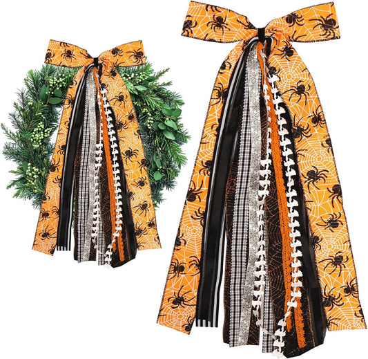 Large Halloween Ribbon Bow for Wreath, Orange Spider Web Fabric Ribbons Set Assorted Ribbons Black White Stripe Plaid Clip-On Wreath Sash Ribbon Bundle for Halloween Home Indoor Outdoor Decor