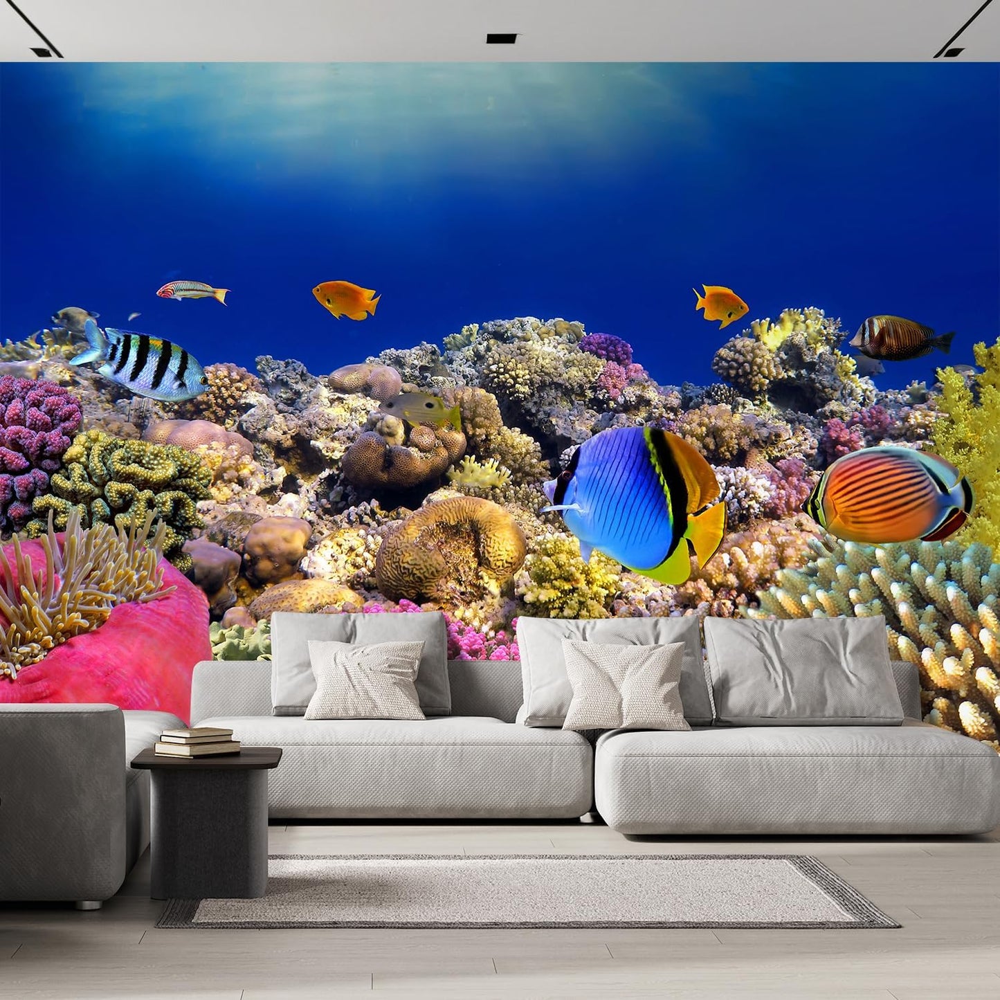 wall26 Wall Sticker/Wall Mural Tropical Blue Fish Coral Reef Ocean Seascape Nature Wilderness, Not Peel and Stick, Non-Woven Wallpaper Decorative for Bedroom, Living Room, Office - 100x144 inches