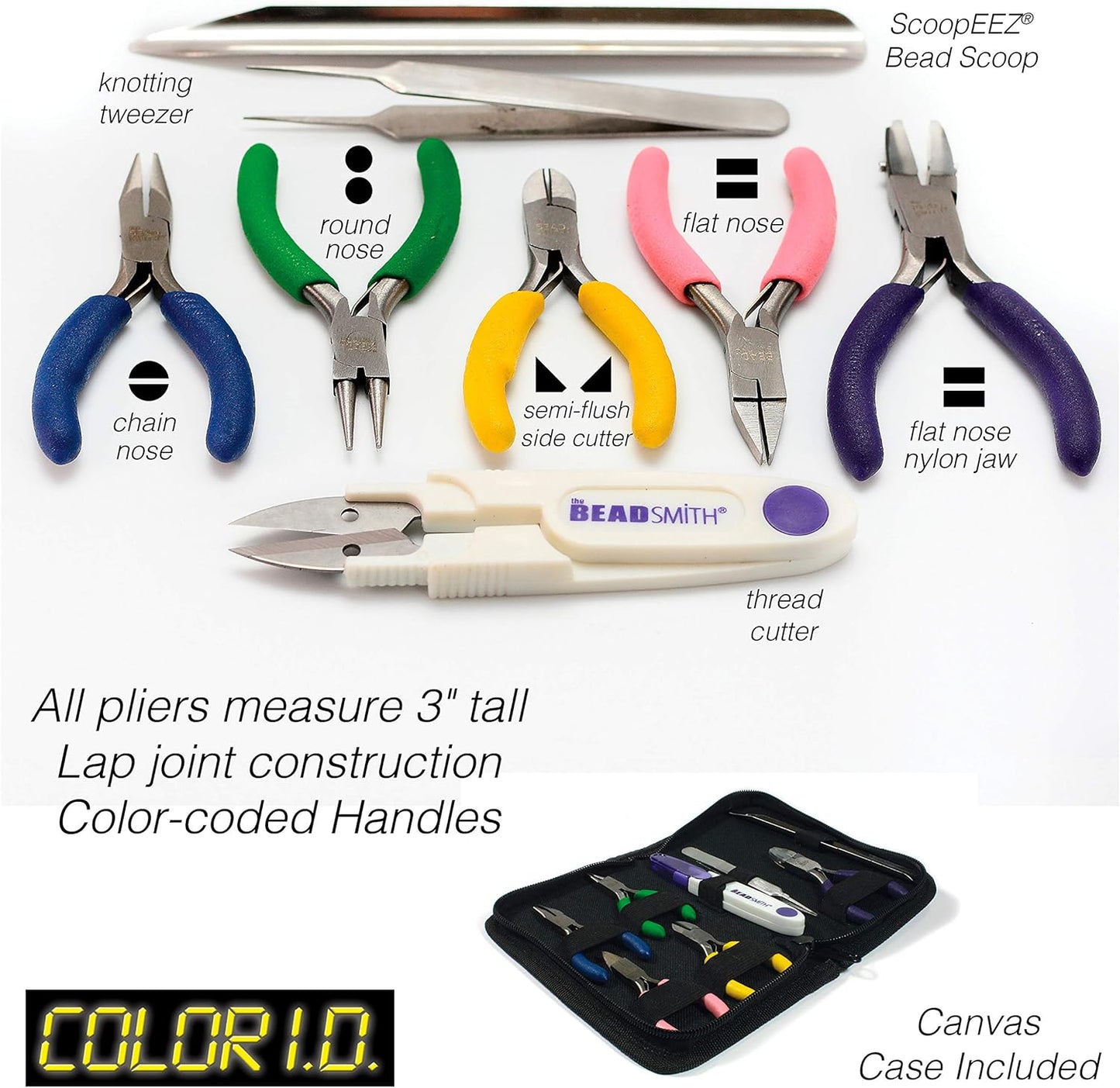 The Beadsmith Mini Color-ID Set – 3”, 8-Pieces Includes: Chain Nose, Round Nose, Side Cutter, Flat Nose, Nylon Jaw Flat Nose, Tweezers, Thread Snippers, Bead Scoop & Canvas Case – For Jewelry Making