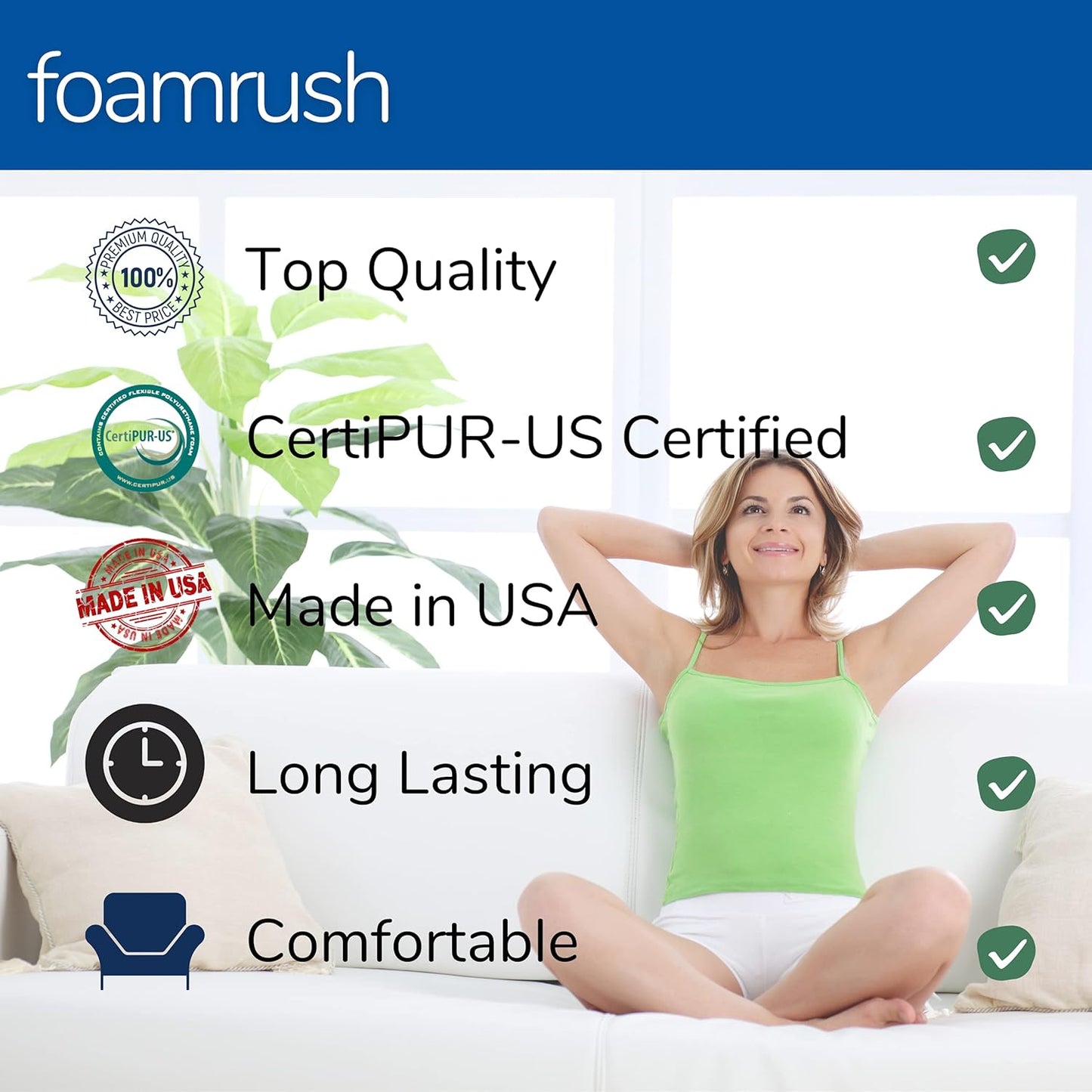 FoamRush 12" H x 24" W x 24" L Upholstery Foam Cushion High Density (Chair Cushion Square Foam for Dinning Chairs, Wheelchair Seat Cushion Replacement)