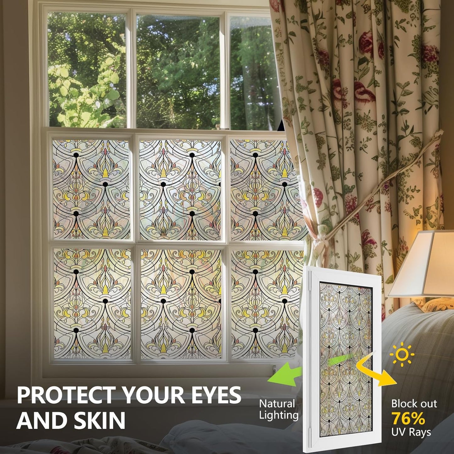 3D Stained Glass Window Film, Decorative Window Privacy Film for Bathroom,Front Door,Home, Sun Blocking Heat Control,Static Cling, Golden Ironwork 17.5inch x 47.24inch