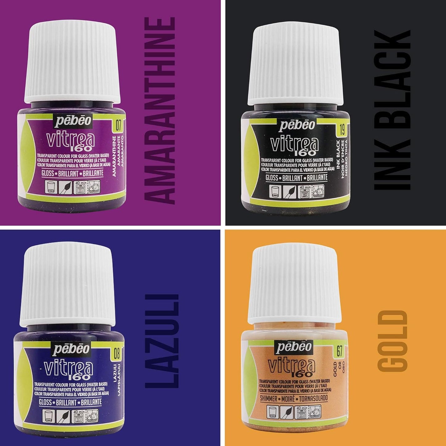 Pebeo Vitrea 160 Glass Paint - Transparent Colour Glossy and Brilliant - Made in France - DIY Craft Paint for Stained Glass and More - Set of 8 Colors Bundled Application Brushes