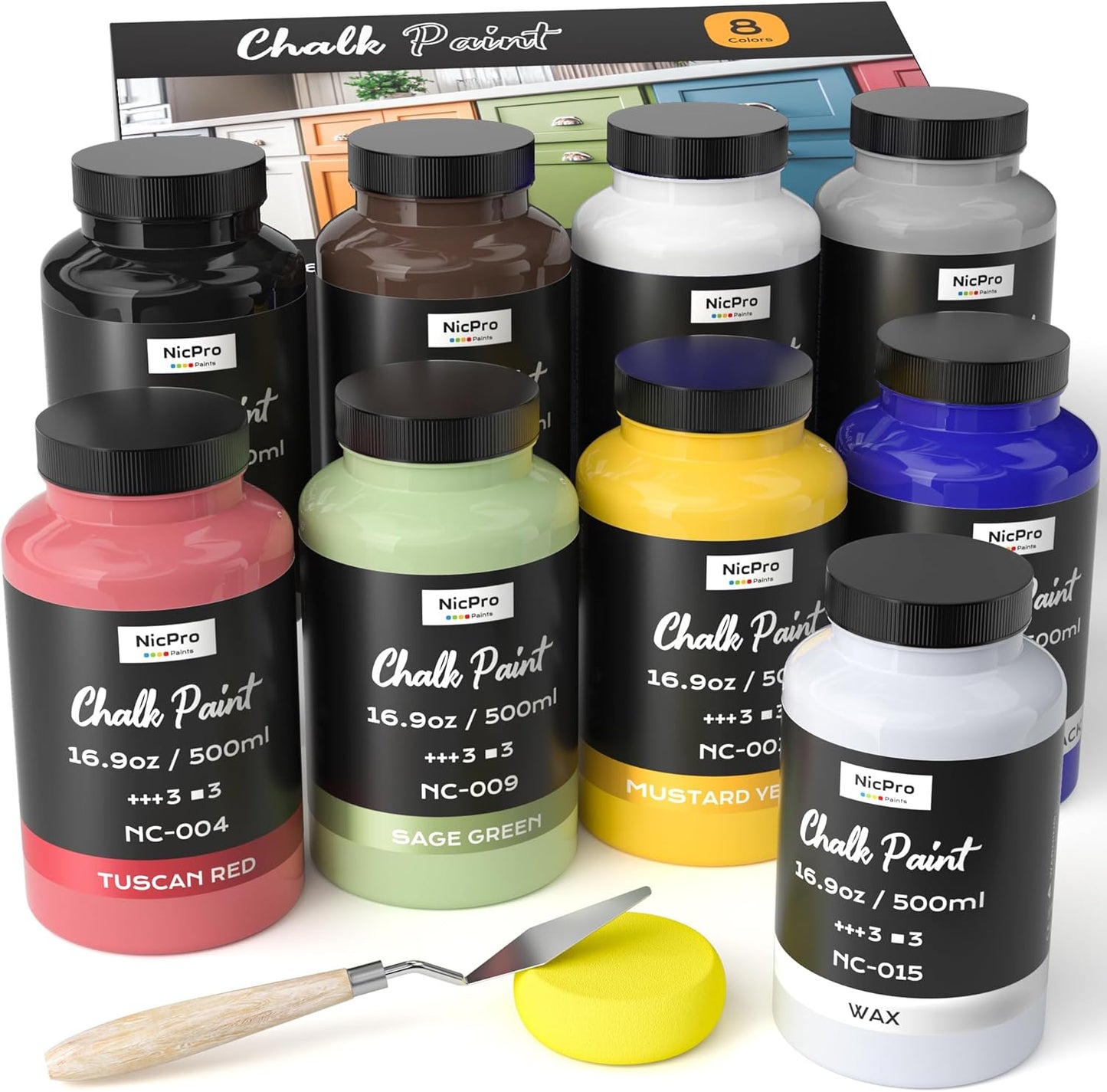 Nicpro 8 Colors Chalk Paint for Furniture, 16.9 oz (500ml) Ultra Matte Finish Acrylic Craft Paint, Non-Toxic Chalk Furniture Paints for Wood, Metal, Cabinets, Home Decor with Liquid Wax, Color Wheel