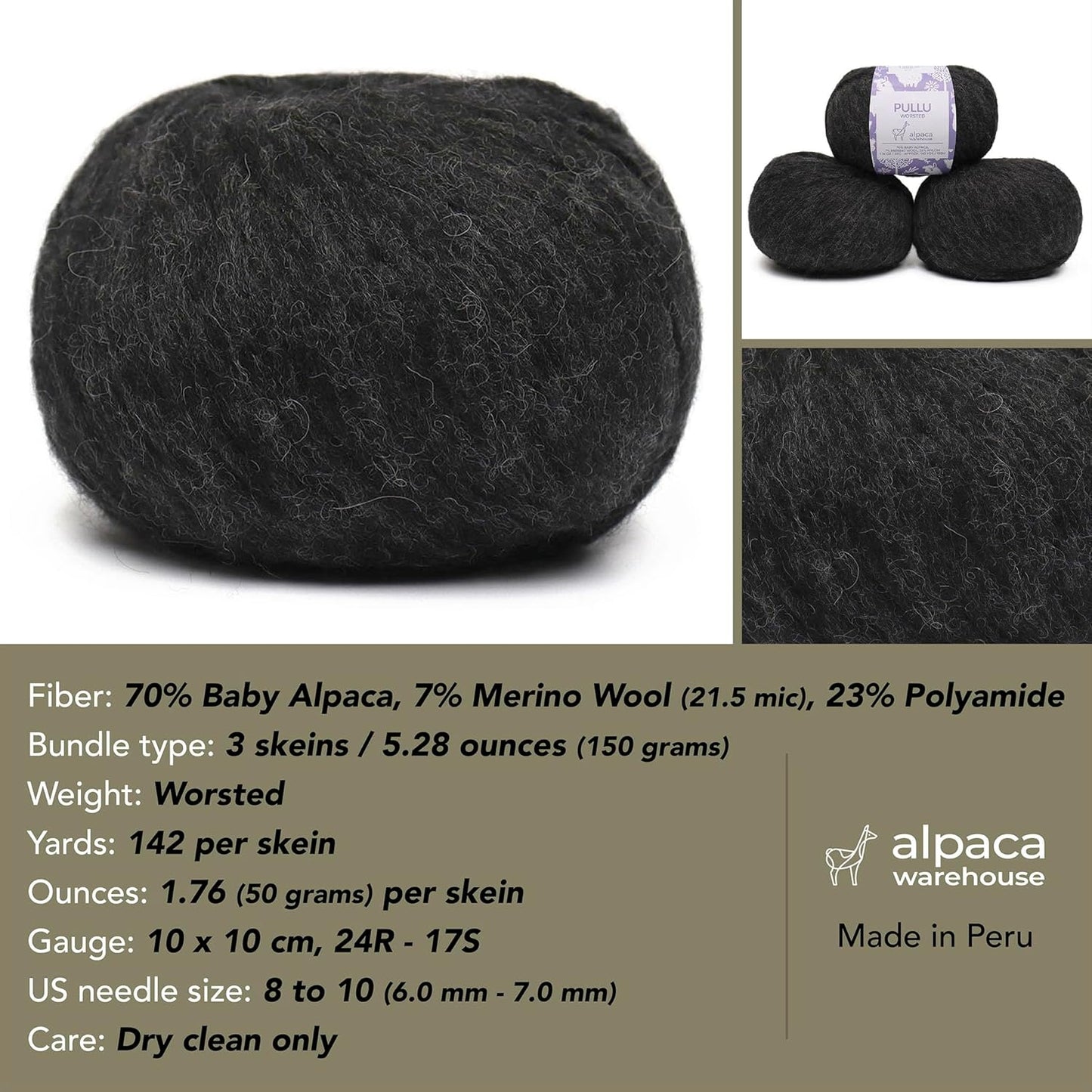 Pullu - Baby Alpaca Merino Wool Yarn Set of 3 Skeins (150 Grams) Worsted Weight - Sourced Directly from Peru - Heavenly Soft and Perfect for Knitting and Crocheting (Charcoal Gray)