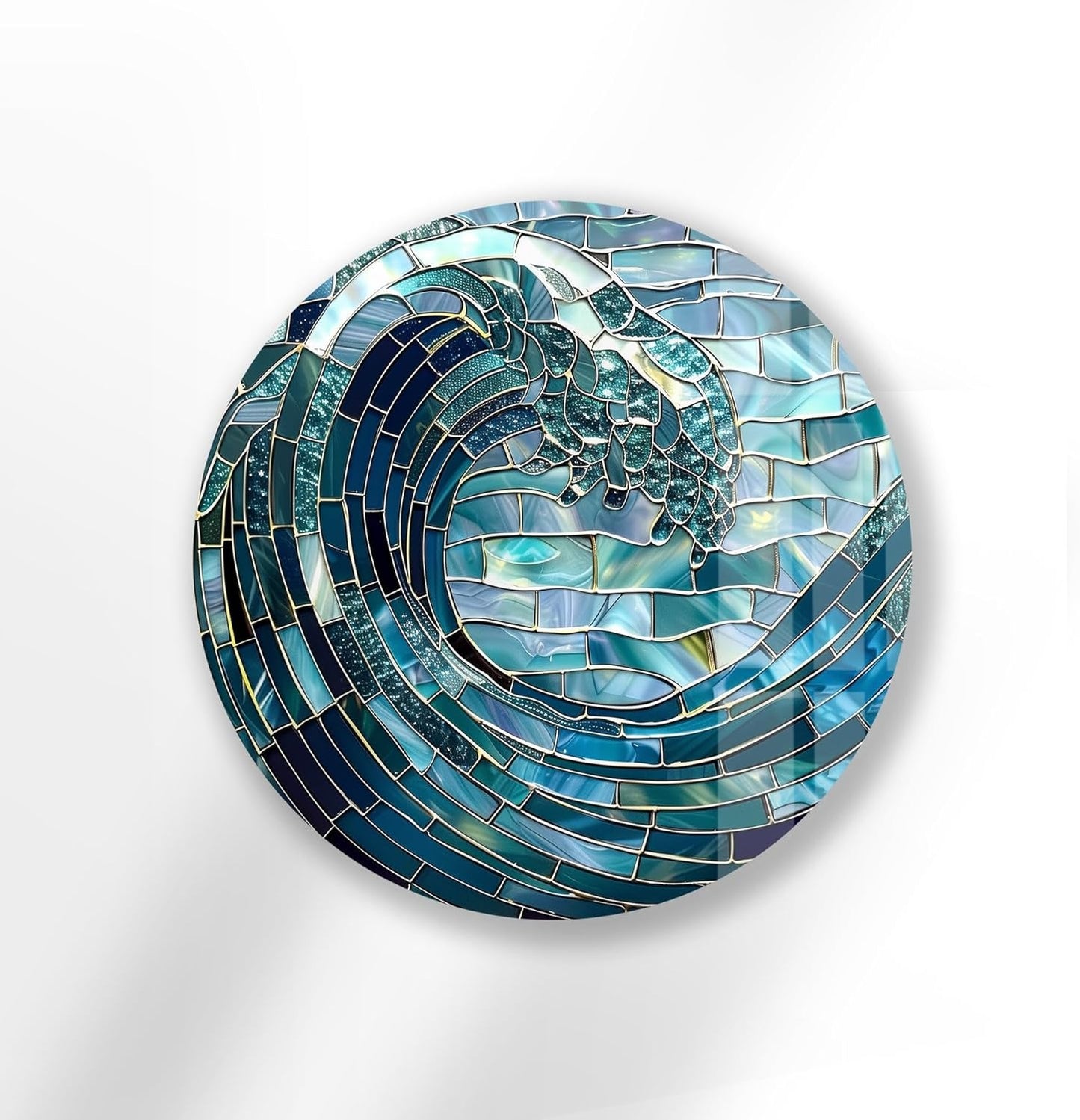 My Photostation.com 31.5''(80cm) Diameter Ocean Wave in Blue Mosaic Round Glass Wall Art Tempered Glass Printing Wall Decor Large Wall Art Wall Hangings